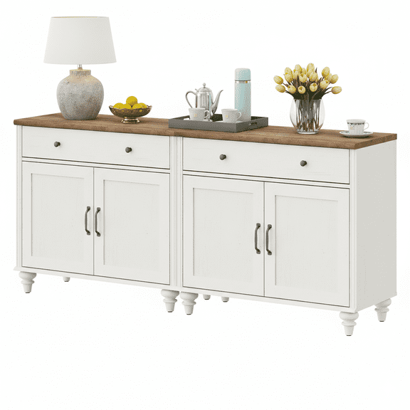 Farmhouse Sideboards Cabinet with 4 Doors and 2 Drawers, Large Buffet Cabinet Wood Kitchen Storage Cabinets, Modern Sideboard Credenza for Dining Room, White, 68"