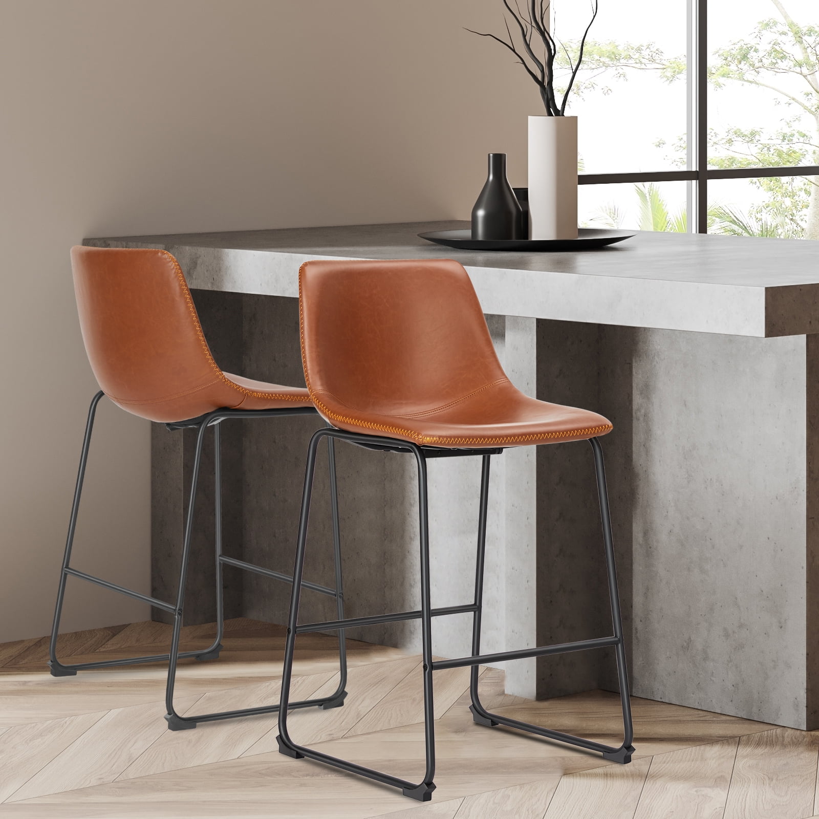 GIANNA Counter Height Bar Stools Set of 4, Faux Leather, Back and Metal Leg, 26 inch Height, for Home Kitchen Office, Brown