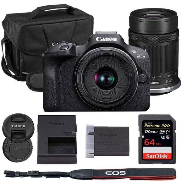 Canon EOS R100 Mirrorless Camera with 18-45mm & 55-210mm Lens Bundle with Canon 200ES EOS Shoulder Bag   64GB Extreme PRO Memory Card