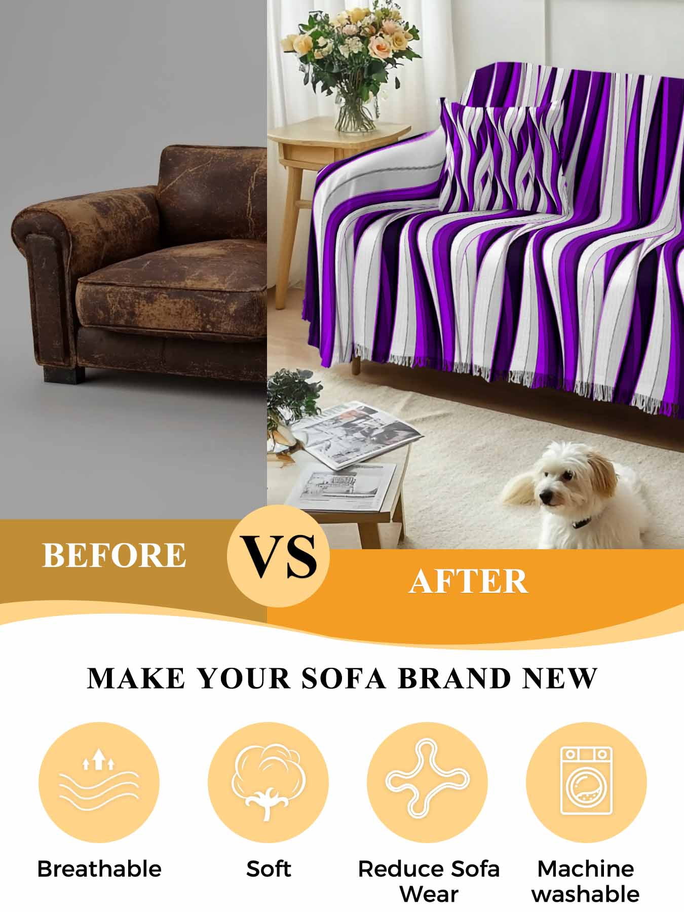 Purple White Moire Couch Cover, Modern Abstract Art Sofa Cover Blanket for 2 Seat Cushion,Sectional Sofa Slipcover Furniture Protector for Living Room Bedroom 71''x102''