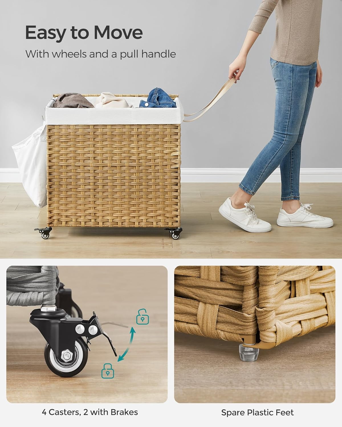 Laundry Hamper with Lid, 37 Gallons Rolling Laundry Basket with Wheels, 3-Section Synthetic Rattan Bedroom, 26 x 13 x 26 Inches, Natural
