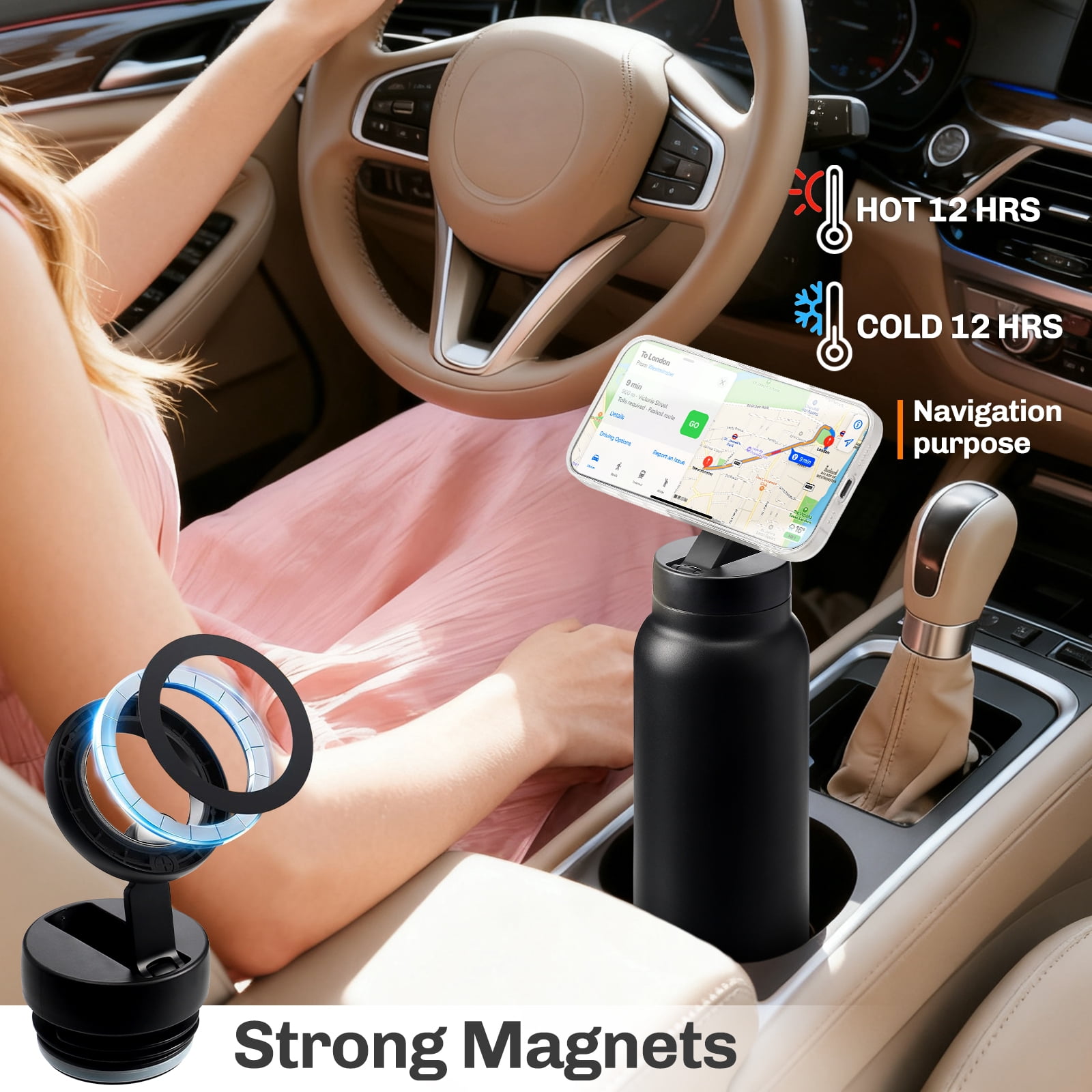 Hatisan 24 oz Insulated Water Bottle, Magnetic Stainless Steel Water Bottle, with Mobile Phone Holder Tripod, Hot for 12H, Cold for 24H(Black)