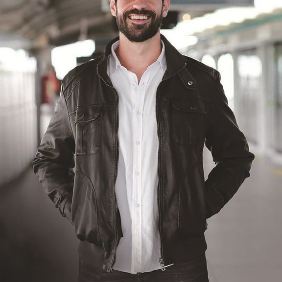 Maoxin Mens Leather Jacket Men's Solid Color Leather Fashionable Leather Long Sleeved Detachable Hooded Leather Jacket Leather Jacket Men