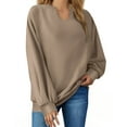 thumbnail image 2 of ClodeEU Women's V-Neck Sweatshirt，Solid Color Loose Long Sleeve Sweatshirt Top Khaki,Womens Plus XL, 2 of 7