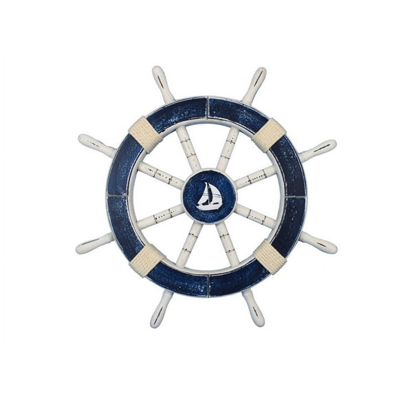 Rustic Dark Blue Ship Wheel with Sailboat 18" - Decorative Ship Wheel