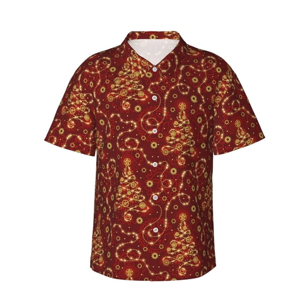 Fotbe Christmas Tree On A Red Background Camisa Hawaiana para Hombre Unisex – Camisa Casual de Verano con Botones de Manga Corta de Algodón y Lino,X-Large