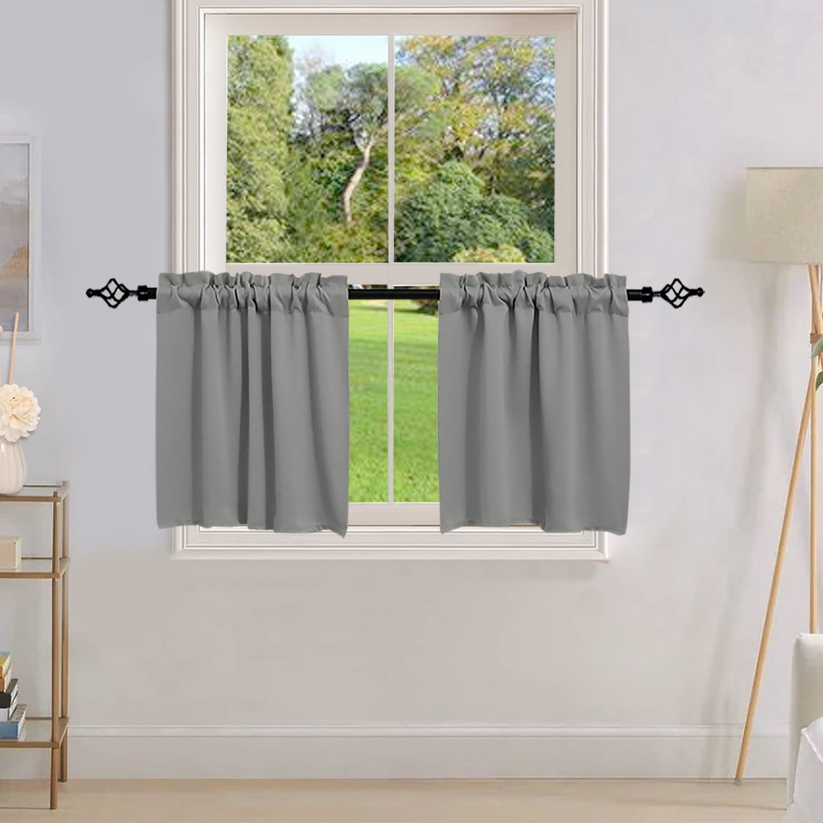 DONGPAI 2 Panels Blackout Kitchen Curtains Valance, Rod Pocket 18 inch Length Short Curtain Waffle Weave Farmhouse Cafe Curtains, Grey