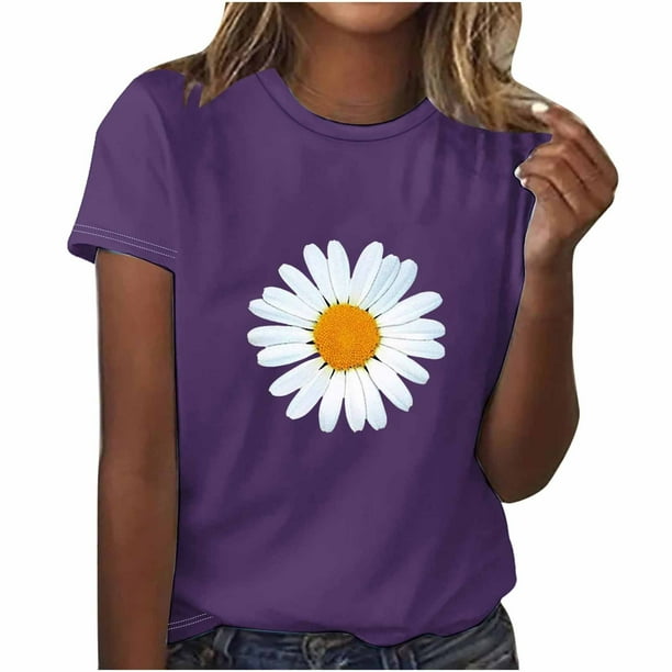 Blusas de Manga Corta para las Mujeres Impresas Cuello Redondo Casual Top, Suaves Blusas de Algodón de Imitación para las Mujeres