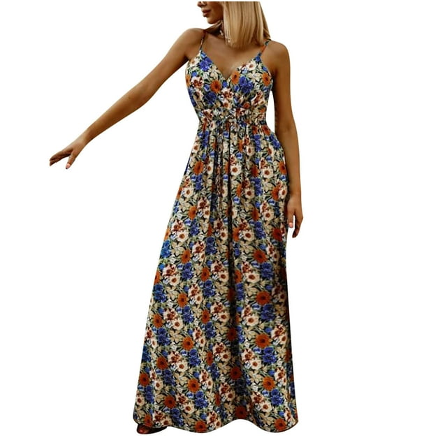 Robes d'Été pour Femmes Décontractées Bohèmes Imprimées à Bretelles à Lacets Longue Robe Dames Sans Manches Robes de Plage