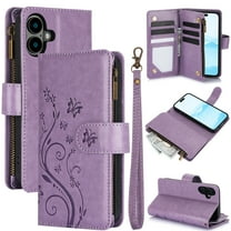 Dteck for iPhone 16 Wallet Case, Embossed Butterfly PU Leather Phone Case Women Men Flip Cover Wrist Strap Zipper Credit Card Holder Slots,Purple