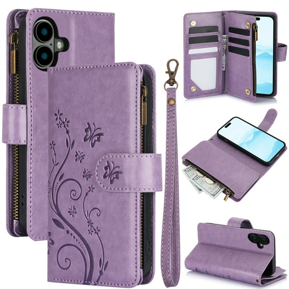 Dteck for iPhone 16 Wallet Case, Embossed Butterfly PU Leather Phone Case Women Men Flip Cover Wrist Strap Zipper Credit Card Holder Slots,Purple