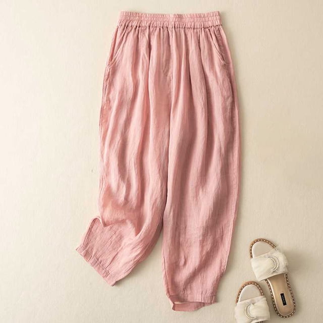 Weiqiqre Pantalon en Coton et Lin pour Femmes, Pantalon Décontracté pour Femmes à la Mode Uni Rétro en Coton et Lin, Ample avec Poches, Pantalon Court en Solde