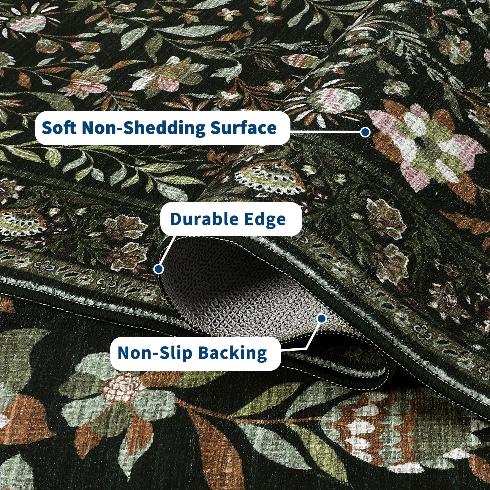 Garvee 8'x10' Vintage Floral Area Rugs Washable Botanical Printed Rugs Carpet, Low Pile Non Slip Oriental Rug Stain Resistant Indoor Rugs for Living Room Bedroom Dining Room, Dark Green