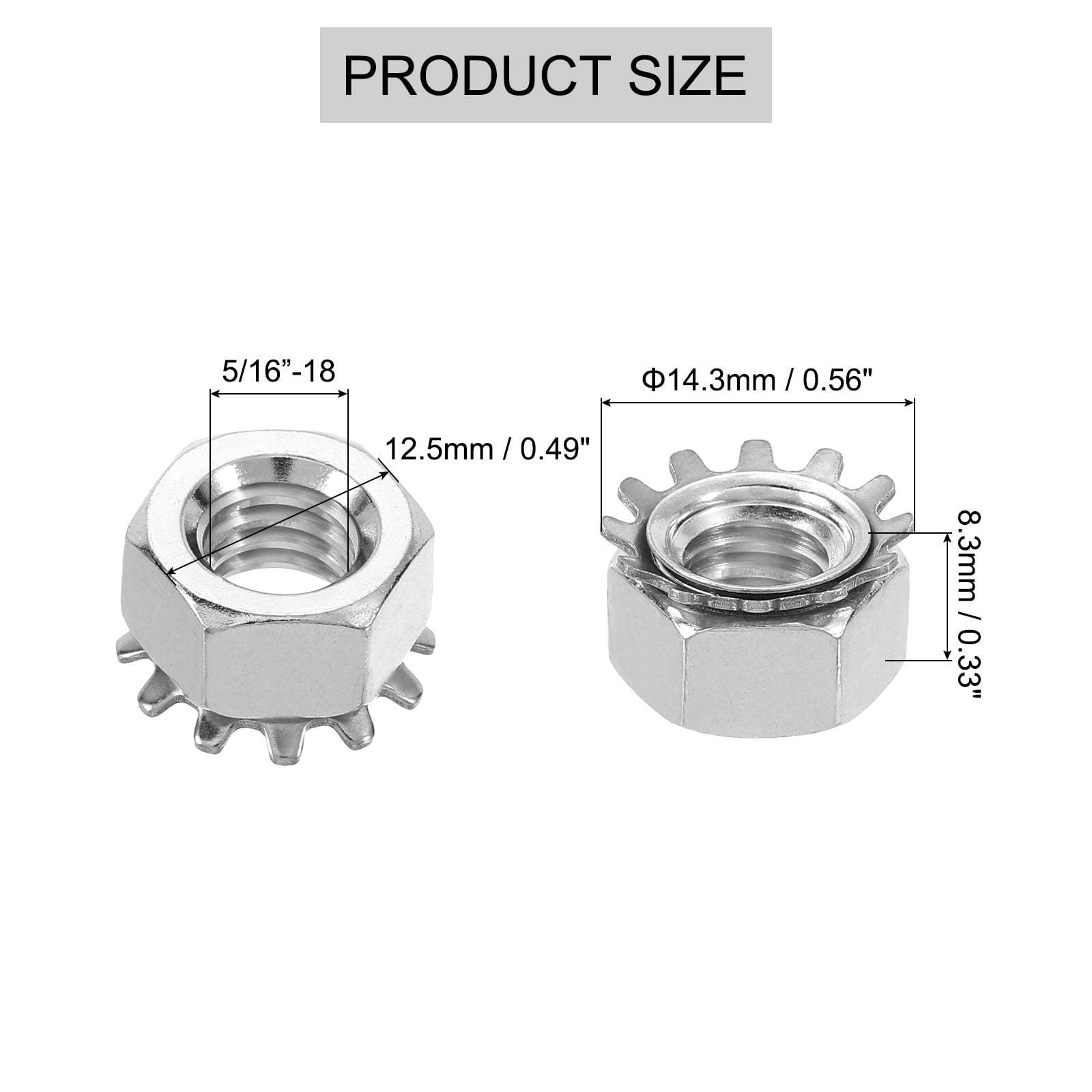 Uxcell 50Pack 5/16"-18 K-Lock Nut with External Tooth Washer, 304 Stainless Steel Silver