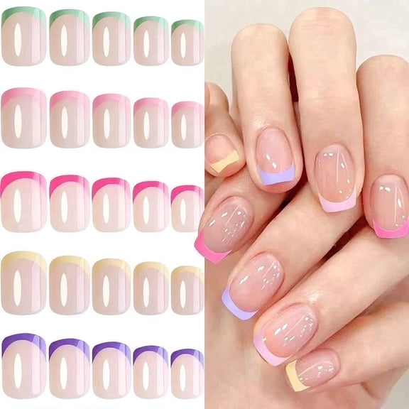 120PCS Press on Nails Kit, 5 Colors Reusable Press on Nails Short Square, Glossy Short Fake Nails with Glue DIY Gift