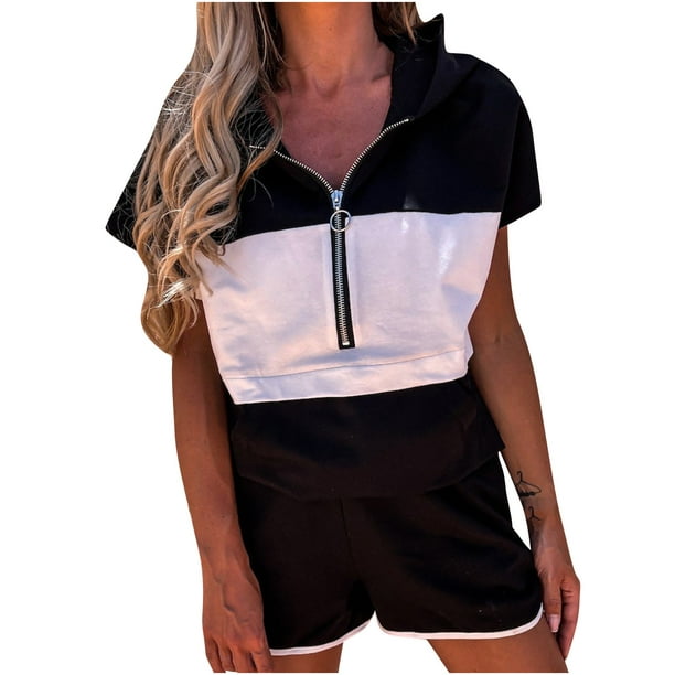 Women's Tracksuits 2 Piece Outfits Patchwork Short Sleeve Zip-up Hoodie  with Pockets and Shorts Sets Sweatsuits