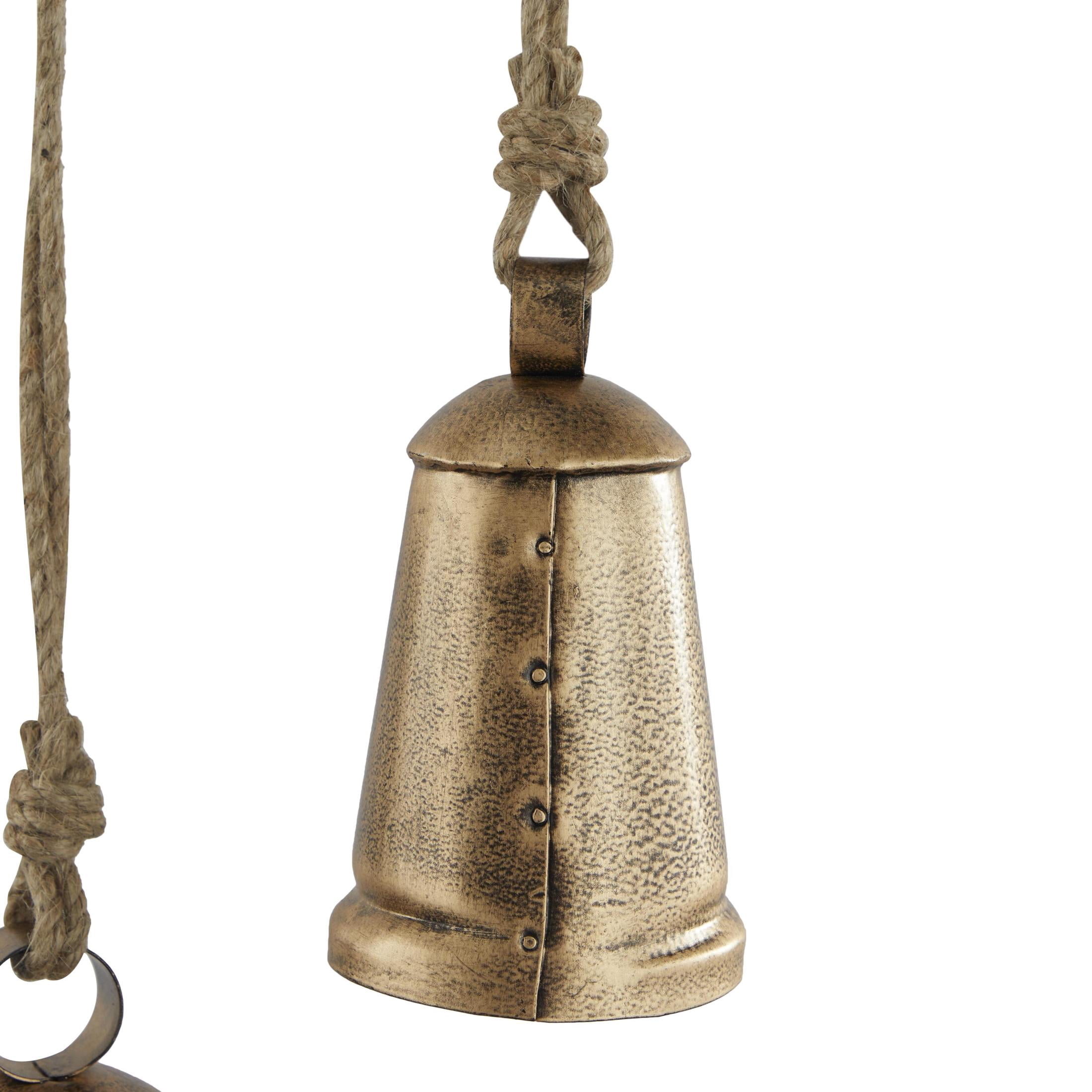 DecMode Tibetan Inspired Bronze Metal Conical Decorative Cow Bells with Jute Hanging Rope, 3 Count