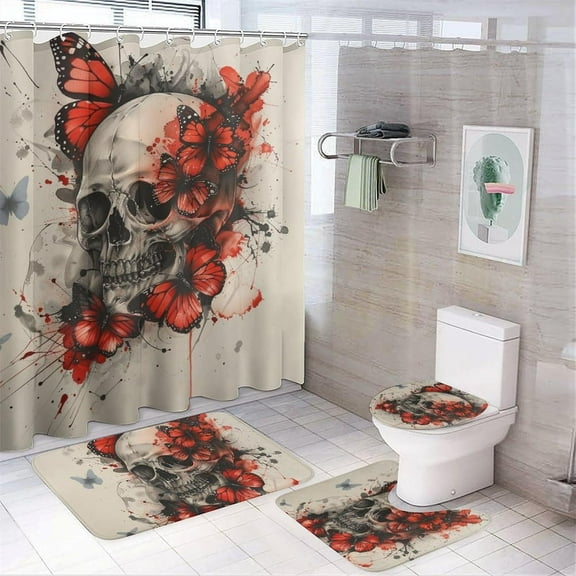 4Pcs Fantasy Gothic Skull Shower Curtain Set, Halloween Skeleton Butterfly Bathroom Decor Set with Rug Bathroom Accessory Bathroom Curtain Shower Set, 72" x 72"