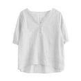 thumbnail image 5 of WREESH Women's Henley Shirts Solid Color Cotton and Linen with Embroidery Detail Short Sleeve V-Neck Top White, 5 of 5