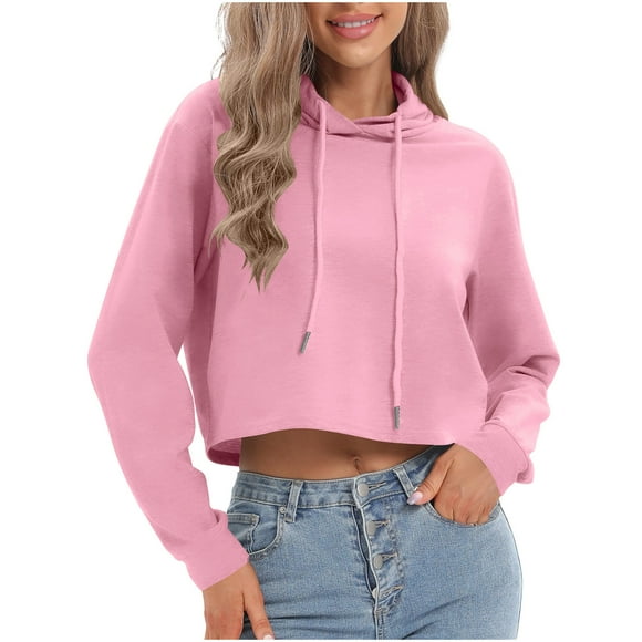 Drawstring Cropped Hoodies for Women Comfortable Travel Casual Long Sleeve Crop Tops Pullover Sweatshirt Hoodie