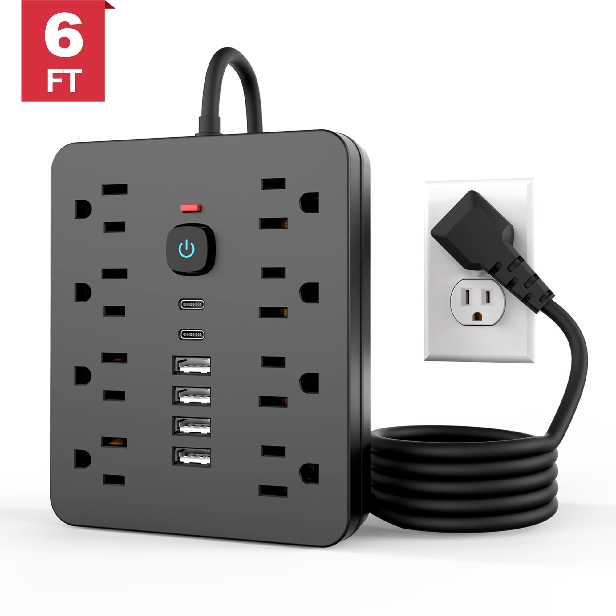 Power Strip, Surge Protector with 8 AC Outlets 6 USB Ports (2 USB C), 6 Ft Extension Cord, 1250W/10A, Wall Mount, Overload Protection Desk USB Charging Station for Home, Office（Black）
