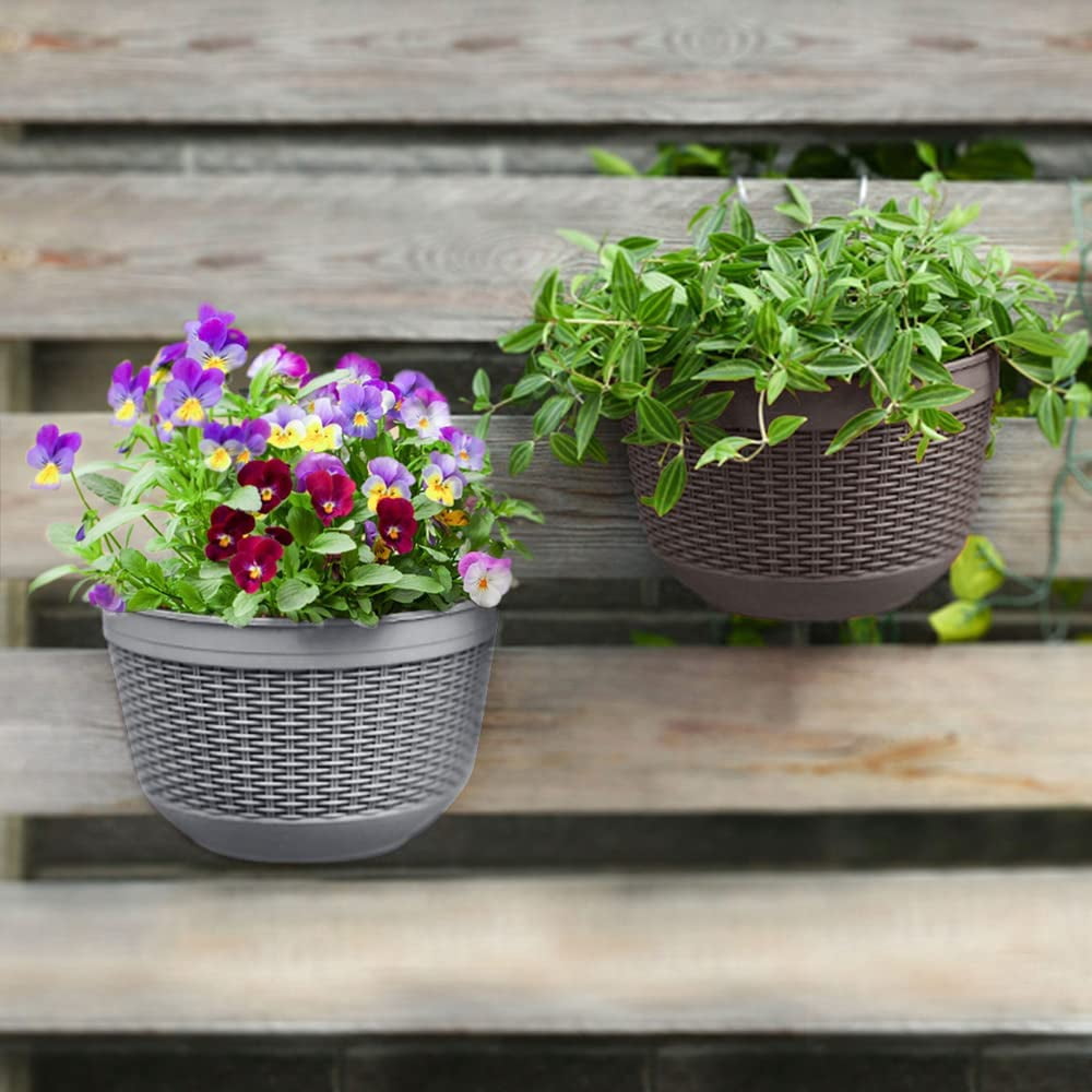 Set of 2 Pcs Hanging Planters Outdoor Hanging Basket Plastic Flower Pot Plants Holder Hanger for Balcony Fence Wall Mounted
