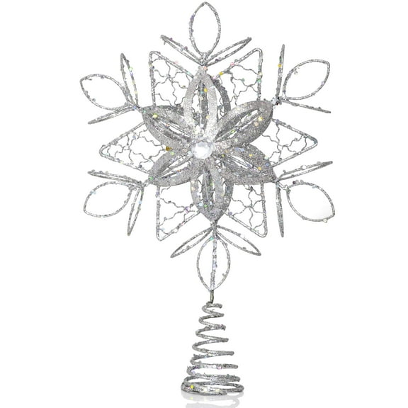 Ornativity Flower Snowflake Tree Topper - Christmas Glitter Silver Flower Snow Flake Star Ornament Treetop Decoration