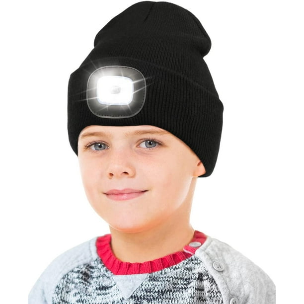 Gorro Sinhoon con luz para niños, unisex, recargable por USB, manos libres, 4 LED, gorro de punto de invierno con luz nocturna, linterna, regalo para niños y niñas (negro)