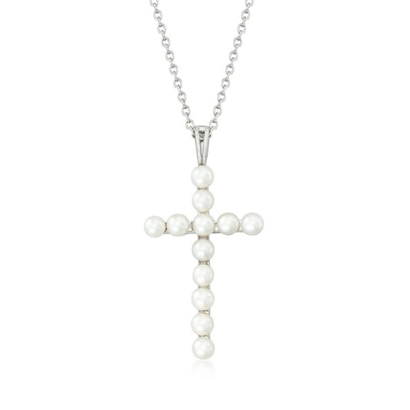 Ross-Simons 3.5-4mm Cultured Pearl Cross Pendant Necklace in Sterling Silver, Women's, Adult
