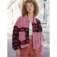 thumbnail image 4 of Women Cropped Corduroy Shacket Daisy Floral Button Down Fleece Varsity Crop Jacket Fall Patchwork Watermelon Red L, 4 of 7