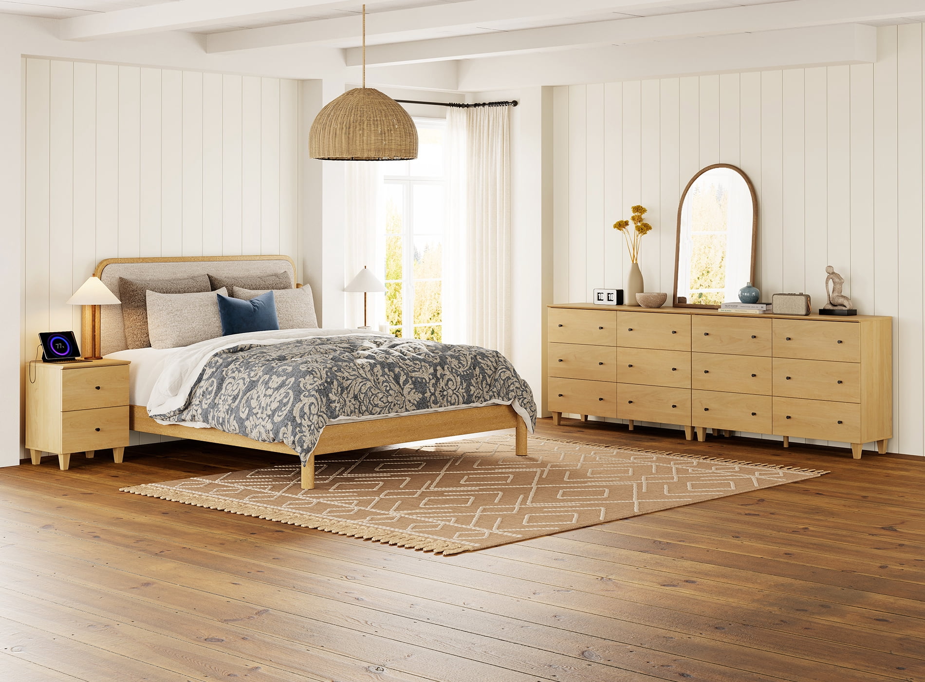 WAMPAT Dresser and Nightstands Set of 4, Wood Dressers with 12 Drawers, 2 Pieces Nightstands with Charging Stations for Living Room, Oak Wood