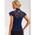 thumbnail image 4 of Blusa Semitransparente Con Cuello Alto Y Manga Corta Con Abertura En La Espalda Y Encaje Para Mujer Azul Marino S, 4 of 6