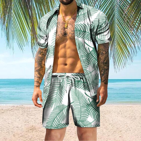 Vedolay Mens' Short Set Men's Hawaiian Sets Short Sleeve Beach Flower Shirts and Shorts Outfits,White XXL