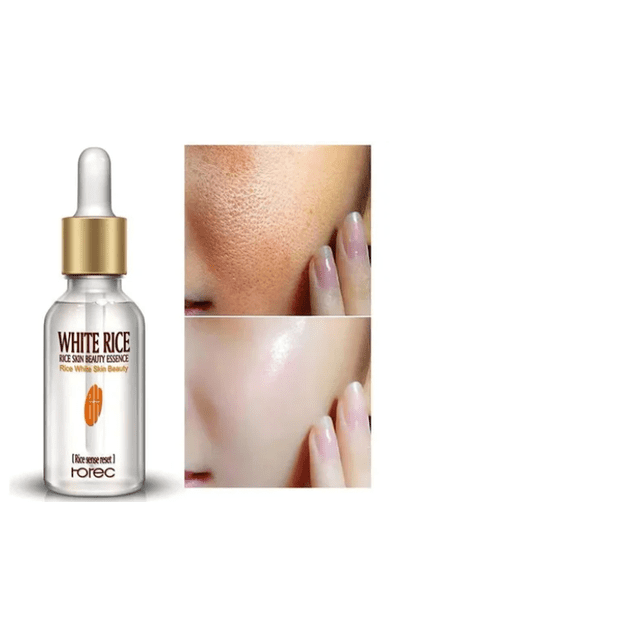 serum de arroz blanco rorec acido hialuronico poros Frasco de suero facial Rorec con cuentagotas y etiqueta blanca; panel comparativo a la derecha con close-up de mejilla mostrando poros visibles arriba y piel con poros menos marcados abajo. Indicado para ayudar a reducir los poros y humectar con esencia de germen de arroz blanco y ácido hialurónico.