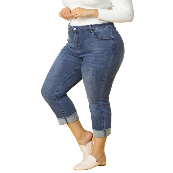 Agnes Orinda Women's Plus Size Rolled Mid Rise Washed Skinny Jean