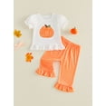 thumbnail image 4 of Baby Girl Halloween Outfit Pumpkin Ruffle Short Sleeve Tops Dot Print Bell Bottoms Flared Pants Set Toddler Summer Fall Clothes 6M-4Y, 4 of 10