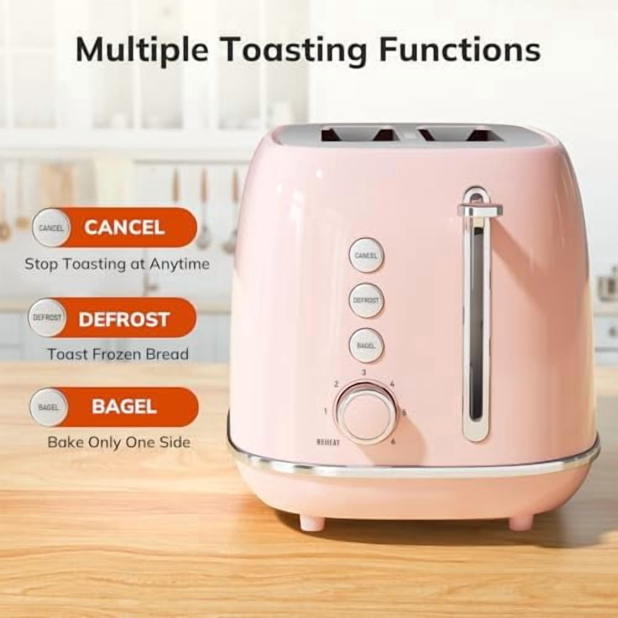 2 Slice Toaster Retro Stainless Steel with Bagel, Cancel, Defrost Function and 6 Bread Shade Settings Bread Toaster, Extra Wide Slot and Removable Crumb Tray (Pink)