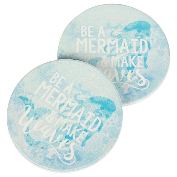 Be a Mermaid & Make Waves Blue Watercolor 2.75 x 2.75 Absorbent Ceramic Car Coasters Pack of 2