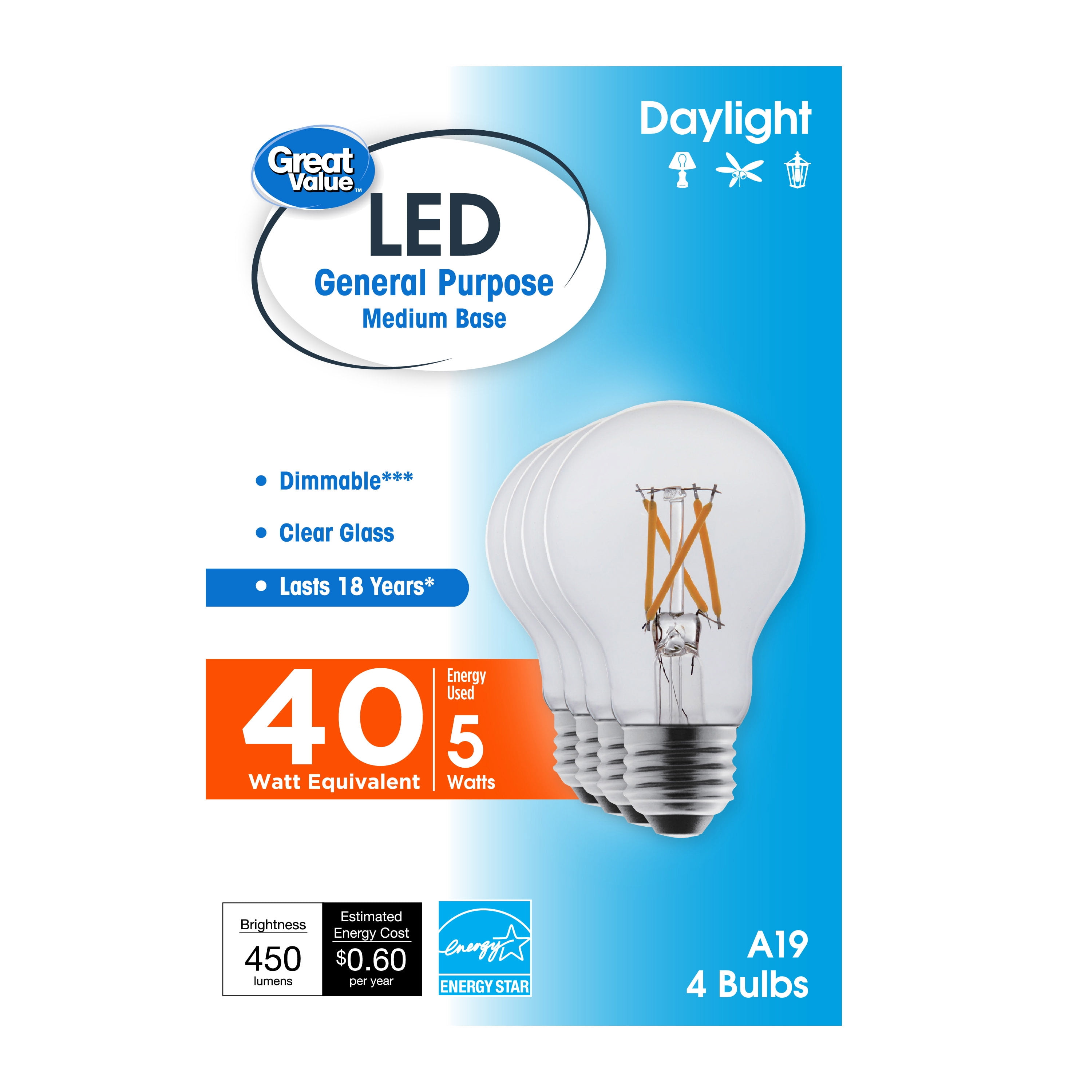 Great Value 18 Year LED Light Bulbs, A19 40 Watts Equivalent, 5 Watts Efficient, Dimmable, Daylight, Clear Glass, 4 Pack