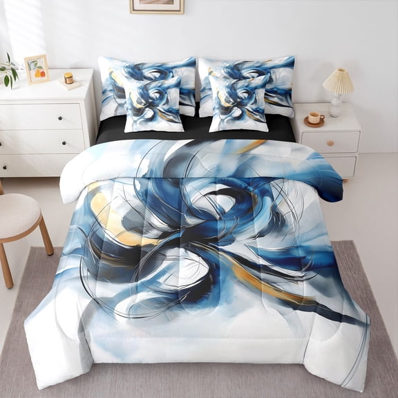 Homewish Blue Watercolor Swirl 7-Piece Twin Bedding,Classic Contemporary Bedding Comforter Set,Black Reversible