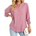 thumbnail image 2 of Fantaslook Plaid Womens Button Down Shirts 3/4 Sleeve V neck Tops with Smocked Cuffs Dressy Cotton Blouses, 2 of 10