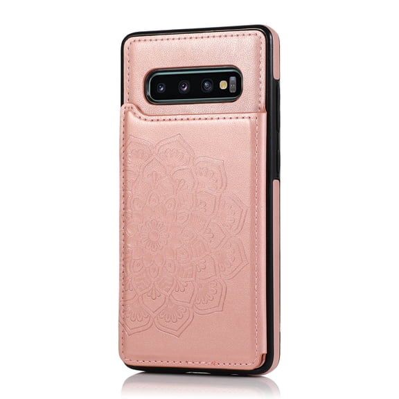 For Samsung Galaxy S10E Case with Card Holder, Cute Mandala Embossed PU Leather Wallet Case, Back Magnetic Snap Flip Folio Cover with Kickstand Shockproof Protection Slim Cover,Rosegold