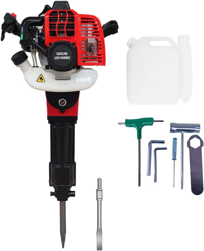 52cc Gas Jack Hammer, 2 Stroke Gasoline Powered Demolition Jack Hammer Petrol Concrete Breaker Punch Impact Drill with Point and Flat Chisel for Construction Metalworking Projects