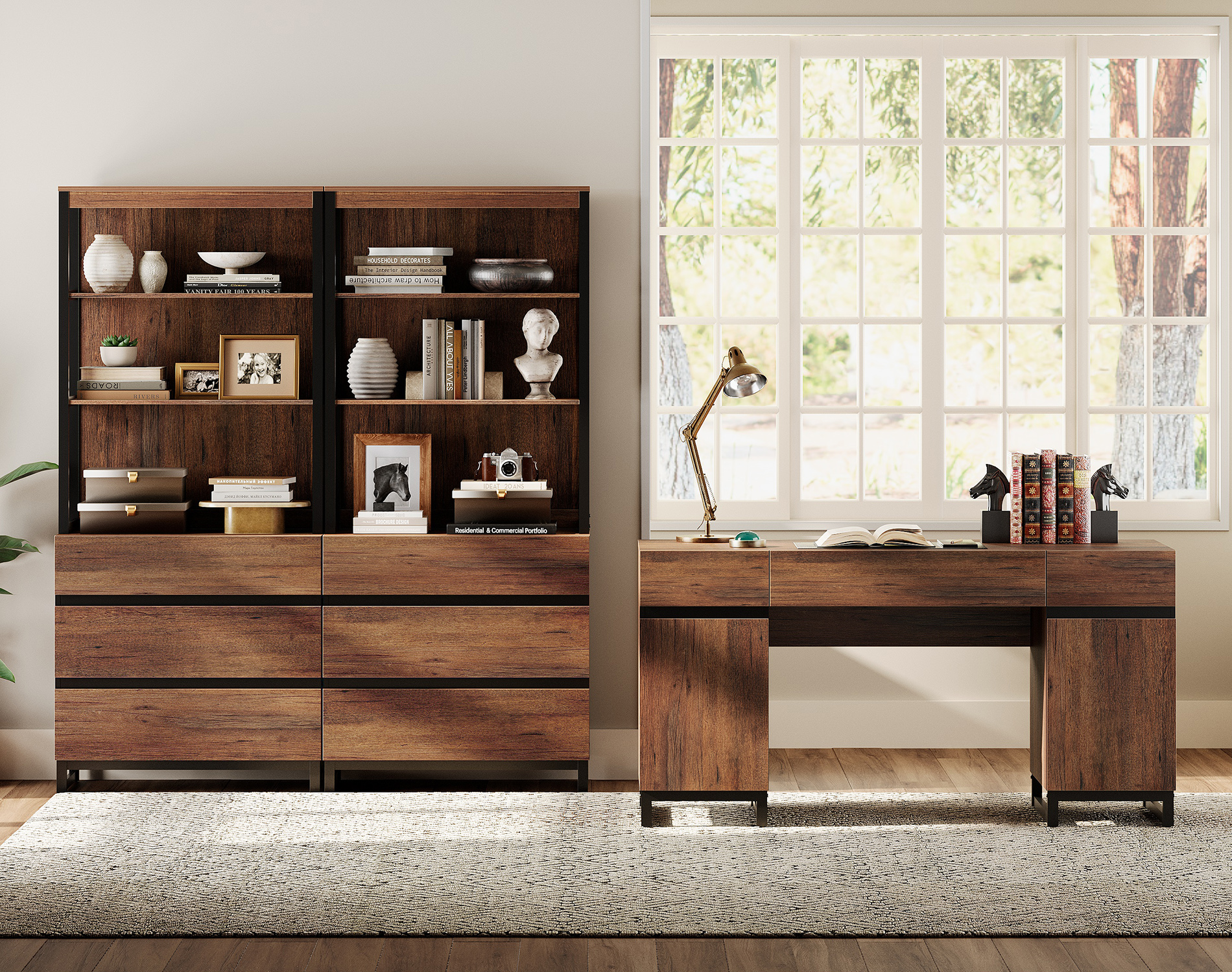 WAMPAT Home Office Furniture Set: 59" Executive Desk with Charging Station and Storage Cabinet, 72" Tall Bookcase with 6 Drawers, Modern Computer Desk and Library Shelf for Work Study, Brown