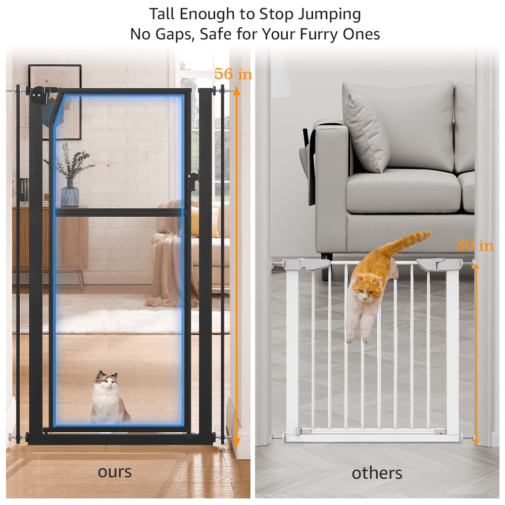 unipaws 56" Extra Tall Pet Gate, Clear Tall Cat Gate, 29.5-33.5" Wide No Drilling Pressure Mounted Dog Gate for Doorway, Hallway, Stairs, Black