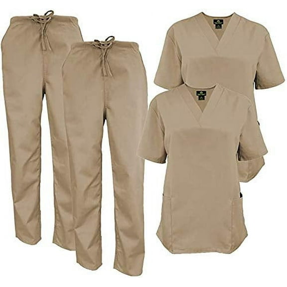 M&M SCRUBS Women Scrub Set V-Neck Medical Scrub Tops and Drawstring Pants - Pack of 2 Set (Khaki, 5X-Large)