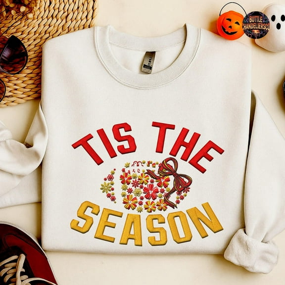 Tis The Season Embroidered Sweatshirt, Floral Football Mom Shirt, Coquette Football Embroidered Shirt, Football Mama Halloween Embroidery