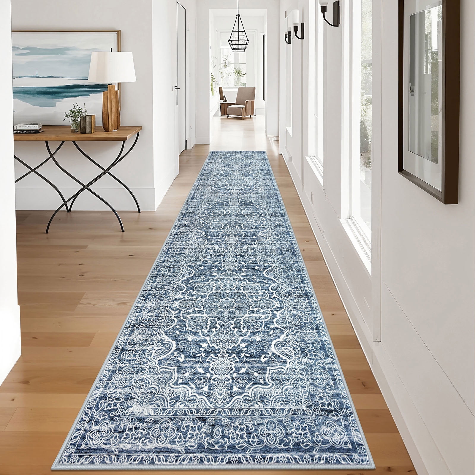 GLATTICE Washable Runners 2.6x12 Blue Runners Non-Slip Hallway Runner Rugs with Rubber Backing Ultra Soft Printed Distressed Long 12ft Indoor Runners for Bedroom Entryway Laundry Room Foyer