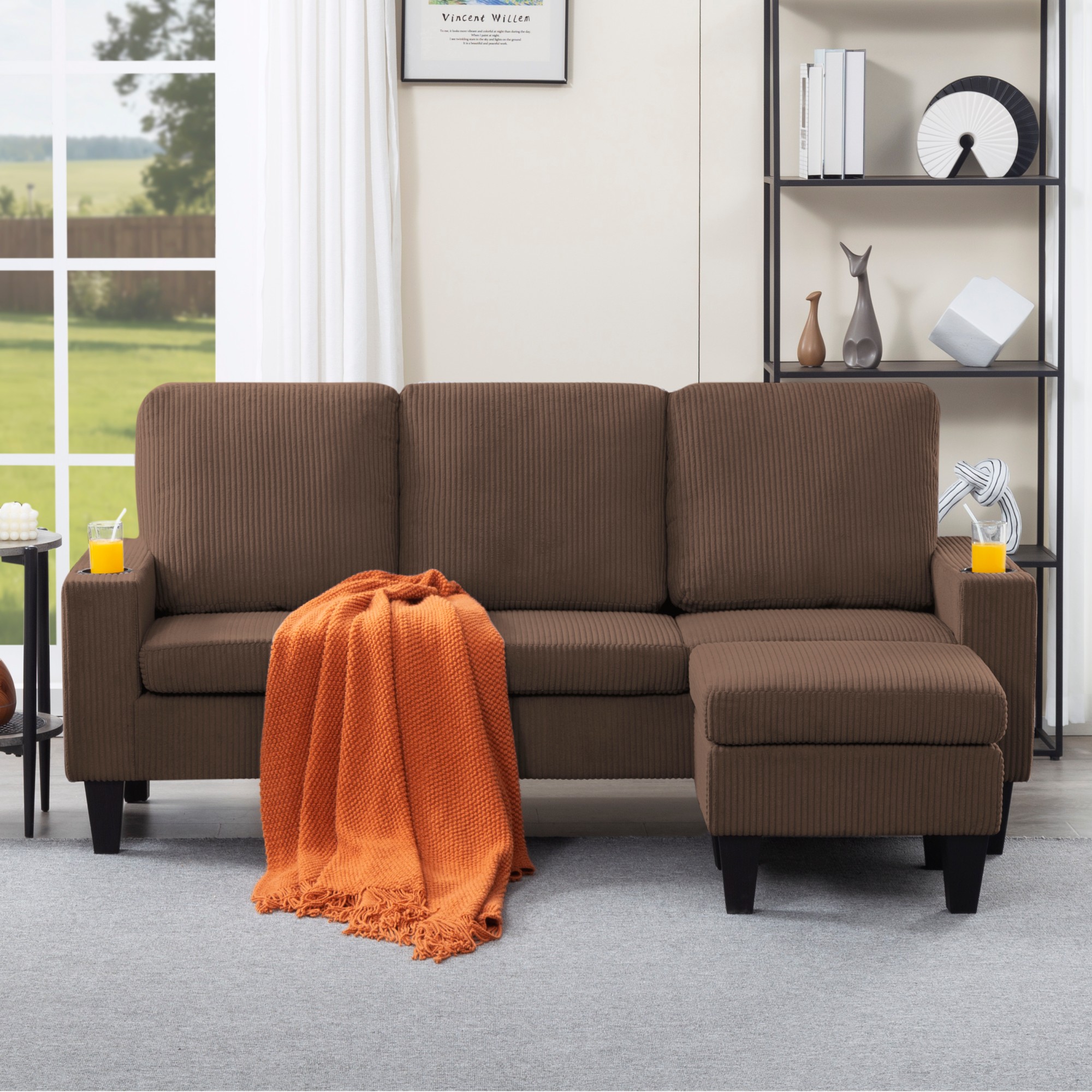 Gewnee Camel 69.88” L-Shaped Sectional Sofa, Corduroy Ottoman & Built-in Cup Holders for Bedroom/Living Room