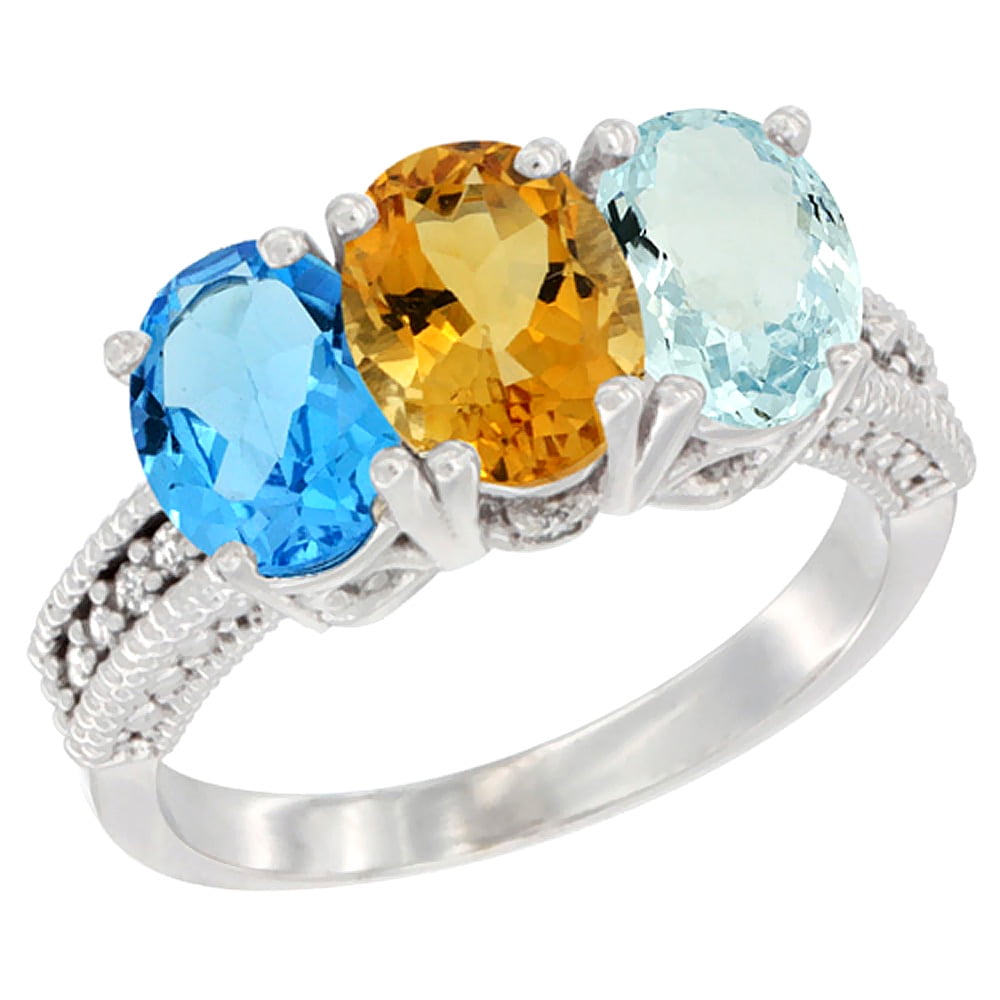 10K White Gold Natural Swiss Blue Topaz, Citrine & Aquamarine Ring 3-Stone Oval 7x5 mm Diamond Accent, sizes 5 10 by WorldJewels